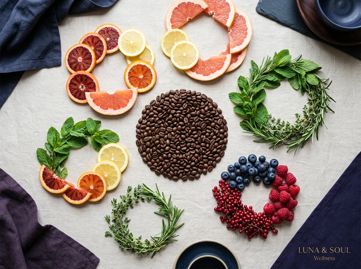 Flat lay of coffee beans, citrus slices, herbs and berries used in Wellaray Coffee