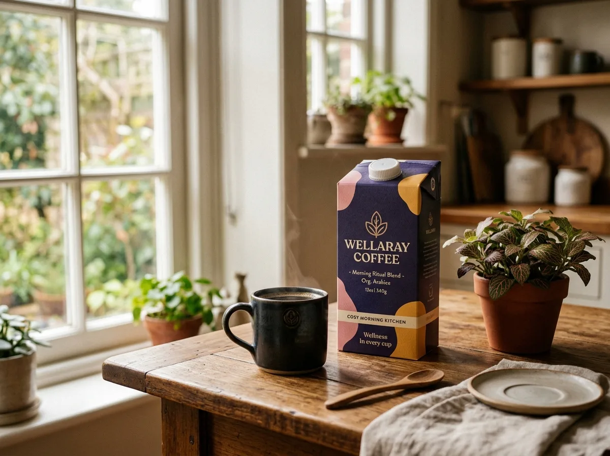 A mug and a box of Wellaray Coffee on a kitchen table by a window